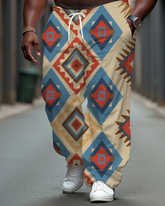 Big Men's Vintage Fashion Geometric Blocks Printed Pocket Drawstring Daily Casual Pants